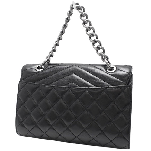 Matelasse Coco Mark Chain Handbag in Black Leather, 2-Way Shoulder/Crossbody Bag with V-Stitching