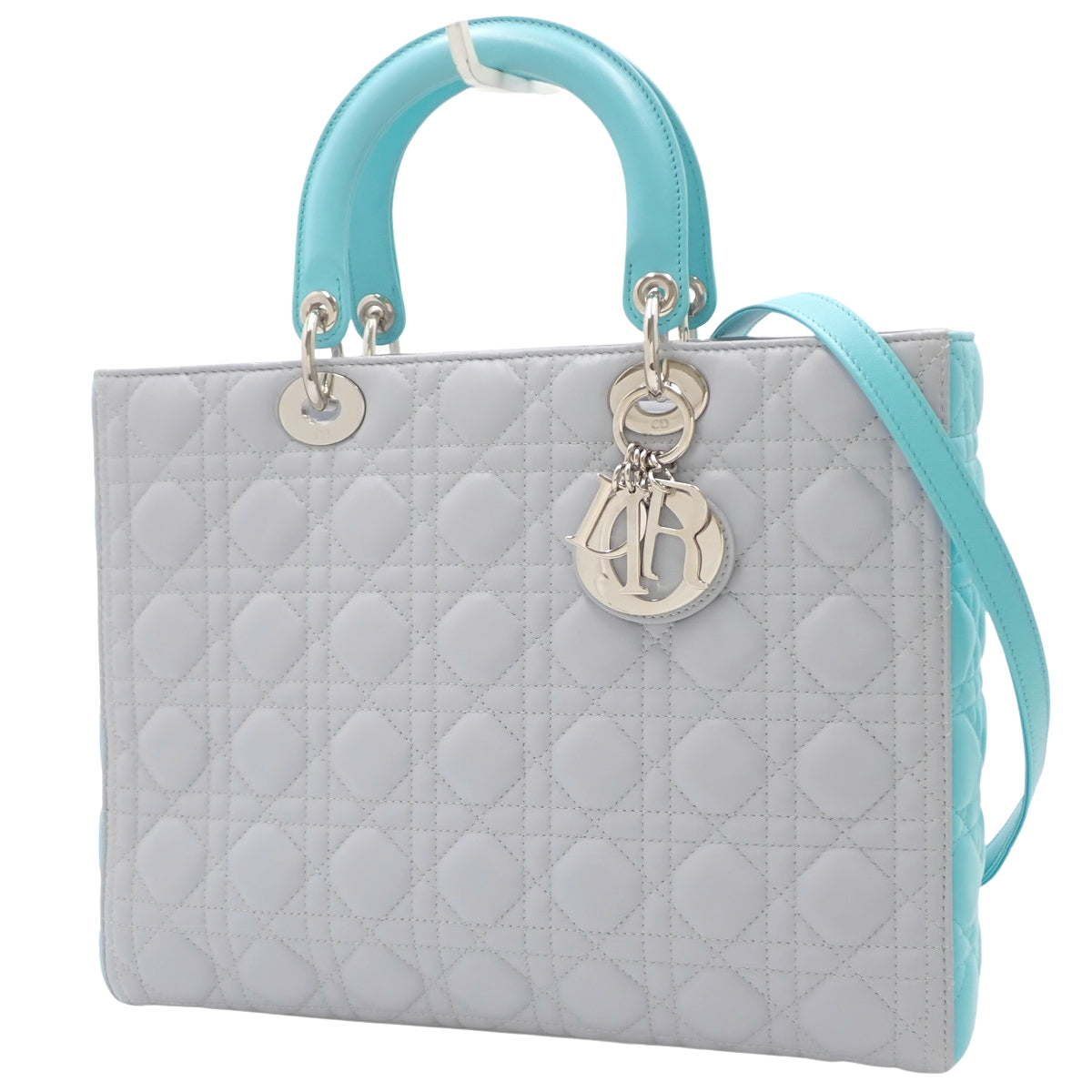 Canage Lady Dior bag, large size, lambskin, light gray, light blue.