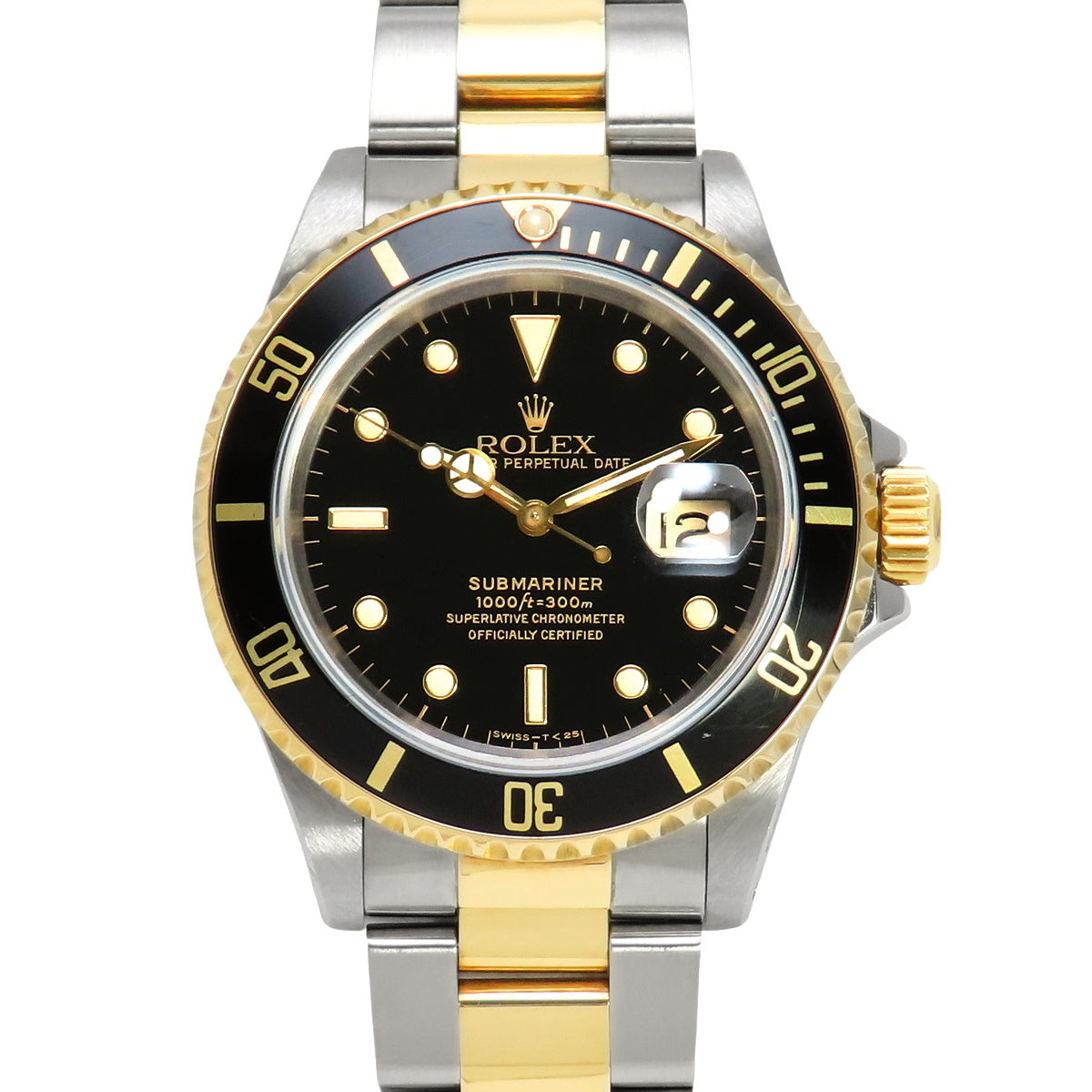 16613 型潜航者型腕表，黄金/不锈钢材质，N字头，自动上链。