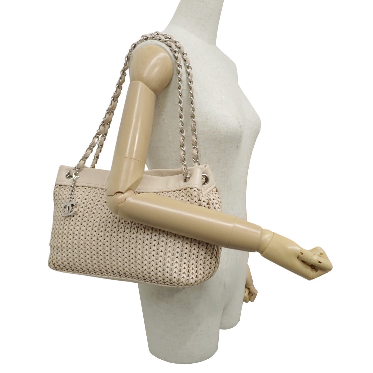Woven Chain Shoulder Tote, Leather, Beige, Shoulder Bag, Mesh