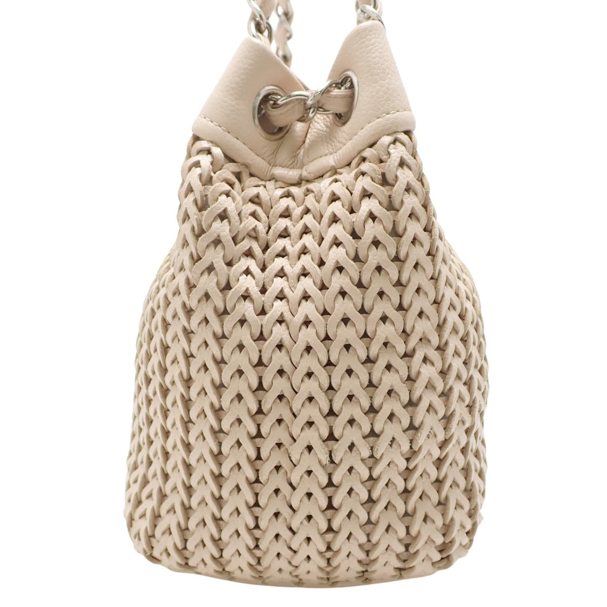 Woven Chain Shoulder Tote, Leather, Beige, Shoulder Bag, Mesh