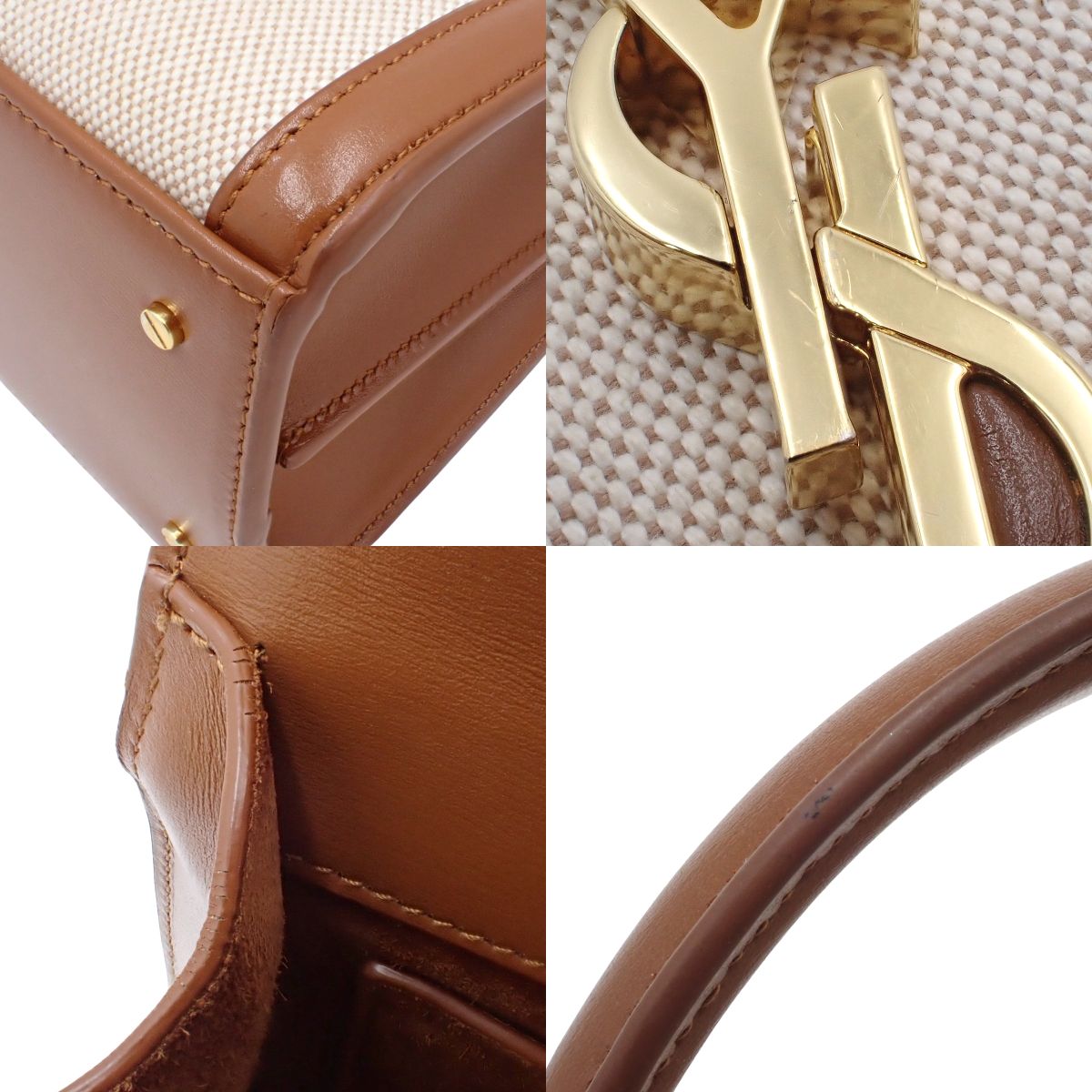 カサンドラ トップハンドルバッグ キャンバス レザー ベージュ ブラウン 578000