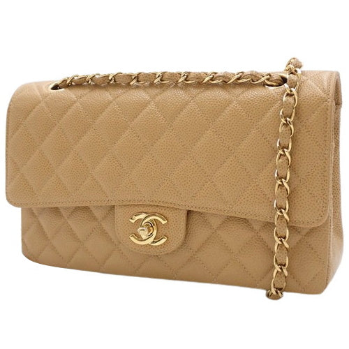 Matelasse Coco Mark Double Flap Chain Shoulder Bag in Caviar Skin