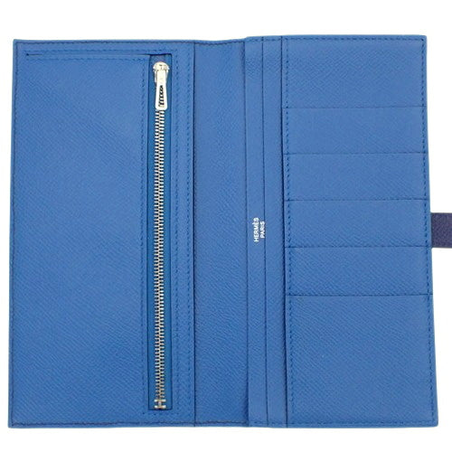 Bearn soufflet bifold long wallet in Epsom leather with palladium hardware, blue ankle/blue zellige, D stamp