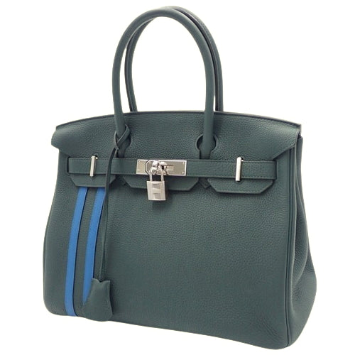 Birkin Officer 30 Tote 包，Togo 色，钯金金属配件，柏木绿/Zélige 蓝，C 印章