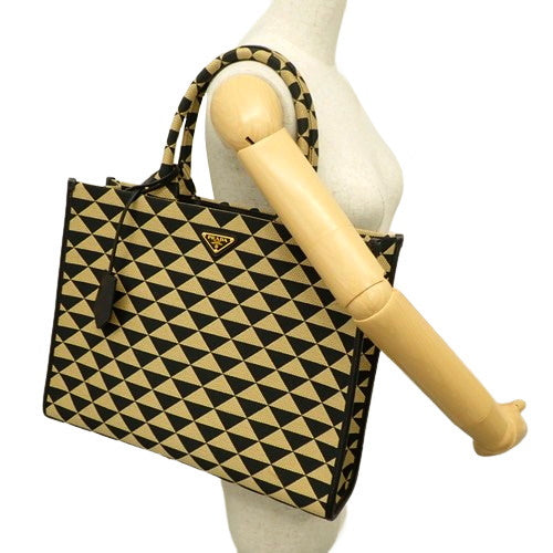 Symbol Embroidery Large Handbag with Triangle Logo in Saffiano Leather and Triangular Fabric, TRIANGOLO JACQUARD NERO+CORDA, 1BA356_2FKL_F0Y30_V_OOM