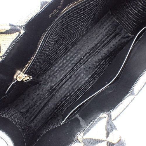 萨菲亚诺皮革和织物拼接的三角标志刺绣大号手提包，TRIANGOLO JACQUARD NERO+CORDA，1BA356_2FKL_F0Y30_V_OOM