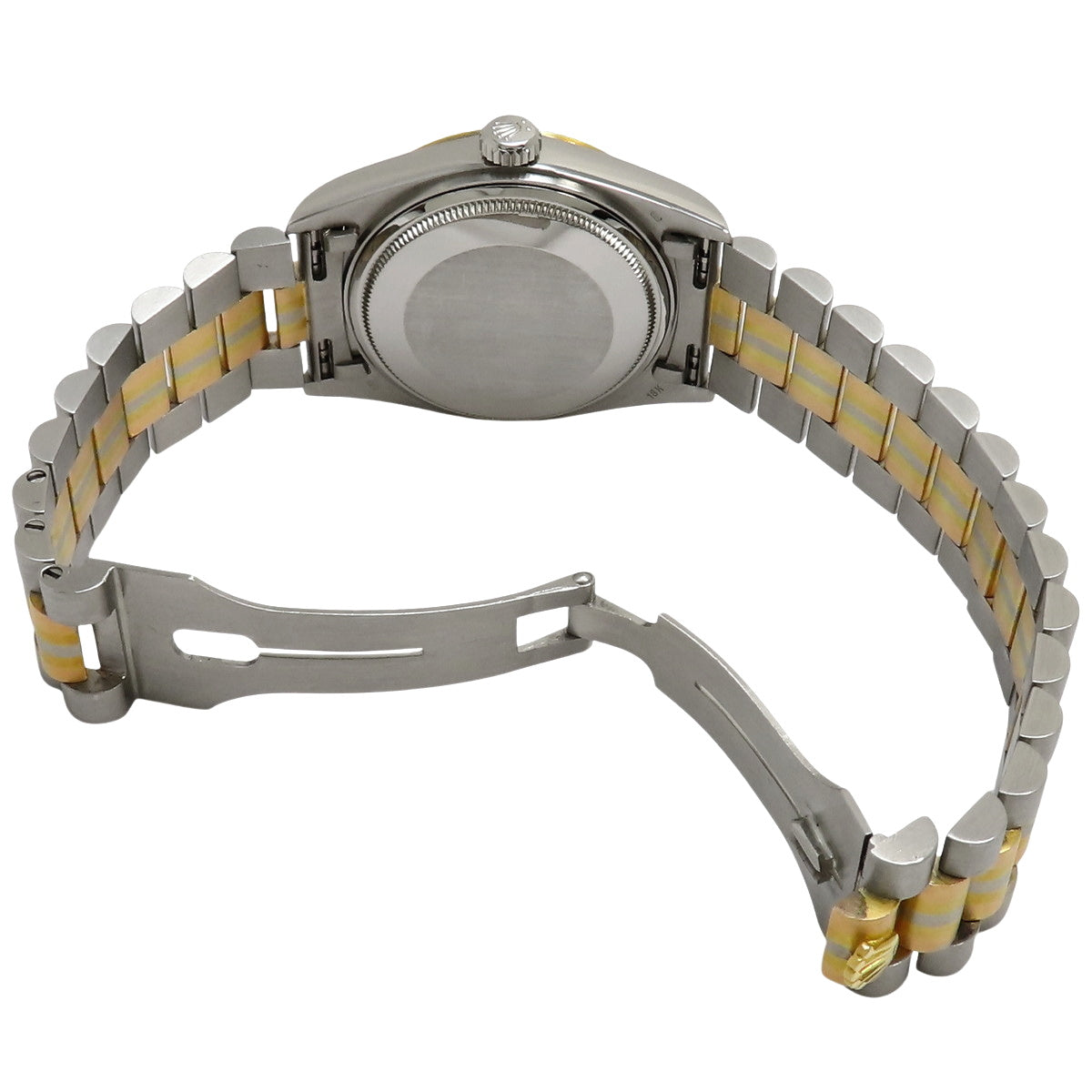 M18039 日期星期显示腕表，白金/黄金/玫瑰金材质，约1985年，自动上链，米色表盘，10颗钻石，三色金表链。