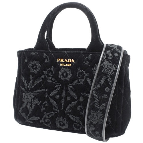 Canapa Mini, velour/velvet, black, 1BA038, 2-way tote/shoulder bag with flower embroidery.