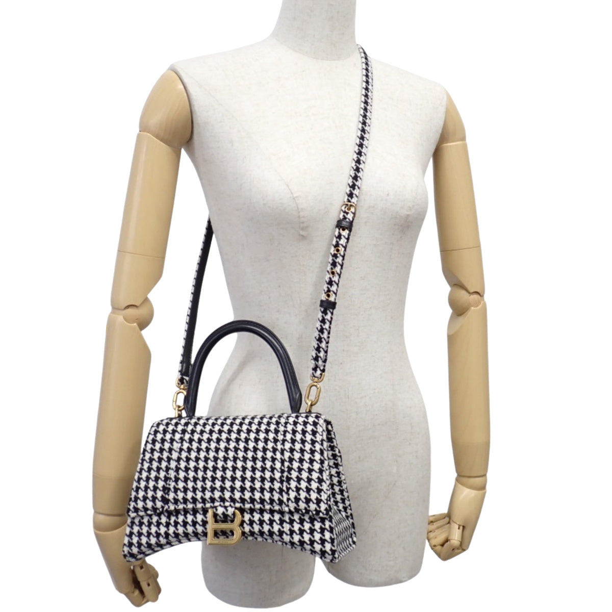 アワーグラス トップハンドル バッグ ツイード レザー ブラック ホワイト