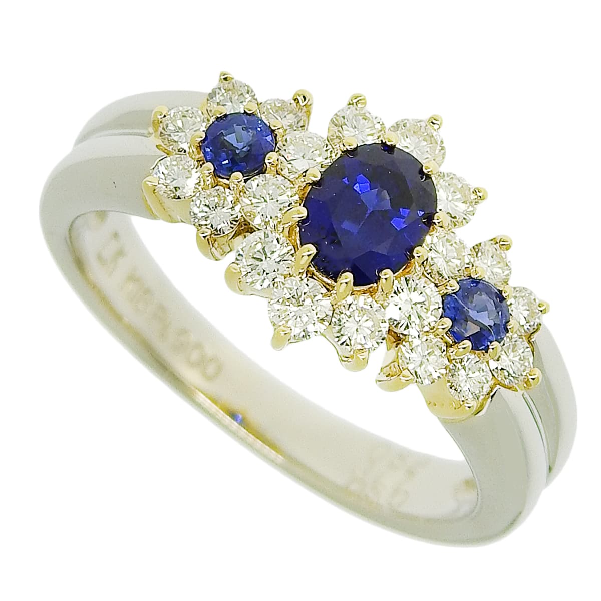 Sapphire and Diamond Ring: Sapphires 0.52ct, Diamonds 0.17ct/0.50ct, Platinum 900 (Pt900), 18k Yellow Gold (YG)