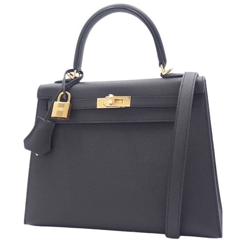 Brand New Kelly 25 (Exterior Stitched) Epsom Calfskin Black, Gold Hardware, K stamp.