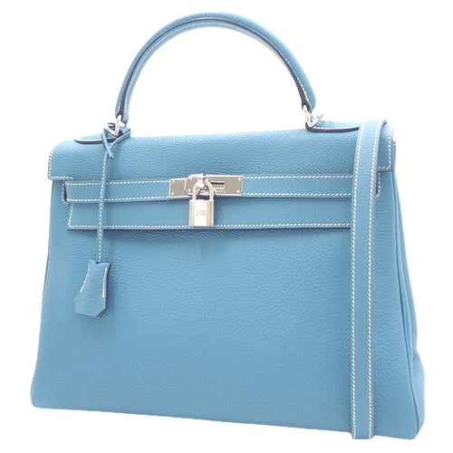 Kelly 32（内缝线）Togo，钯金配件，蓝色牛仔布，□I 印章