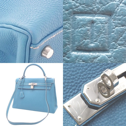 Kelly 32（内缝线）Togo，钯金配件，蓝色牛仔布，□I 印章