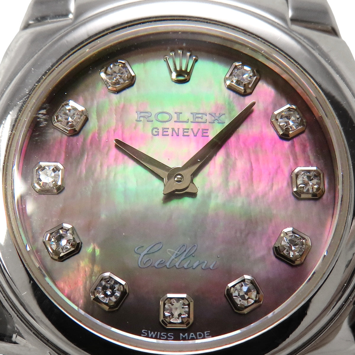 Cellini 10PD 5310/9 白金/皮革 K 编号黑色表盘镶钻时标手动上链女士腕表