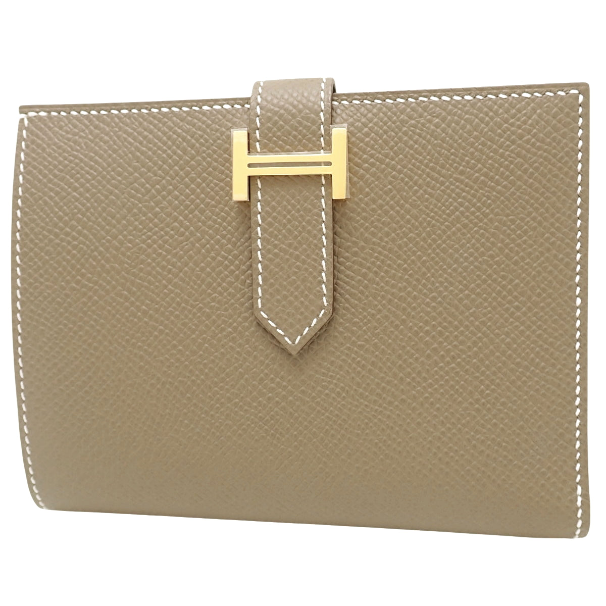 Bearn Compact Etoupe/Etoupe Epsom Leather, Gold Hardware, W Stamp, Bifold, Small Item, Mini Wallet