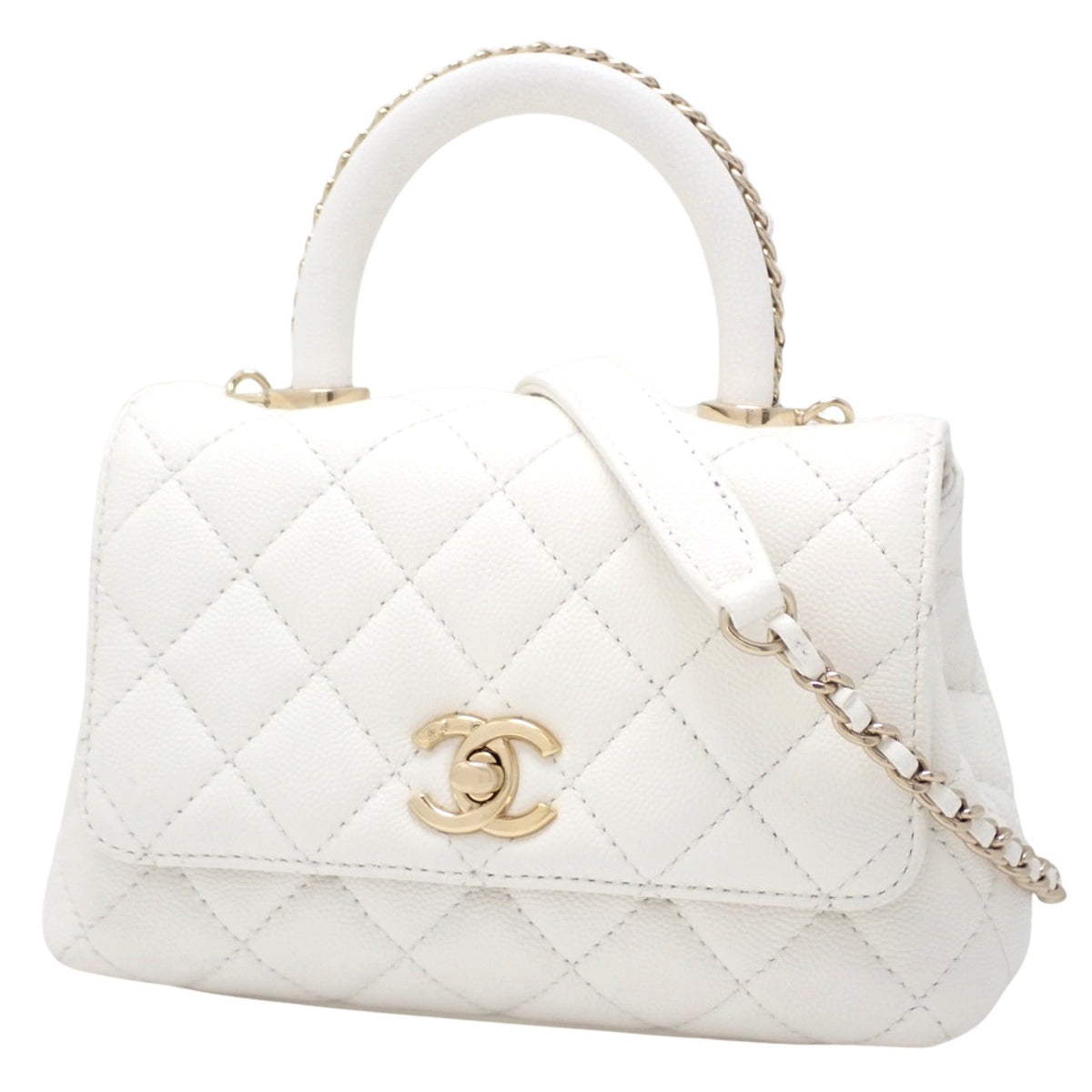 Matelasse Coco Handle 19 XXS Chain Shoulder Bag, Caviar Skin, White, AS2215