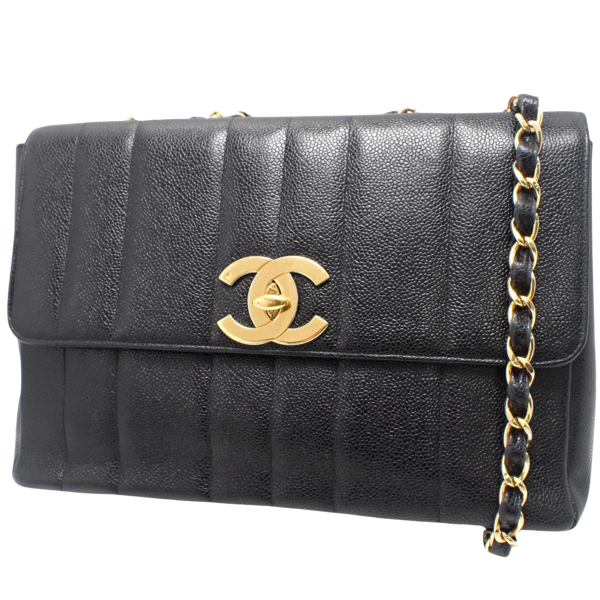 Mademoiselle Coco Mark Chain Shoulder Bag, Caviar Skin, Black