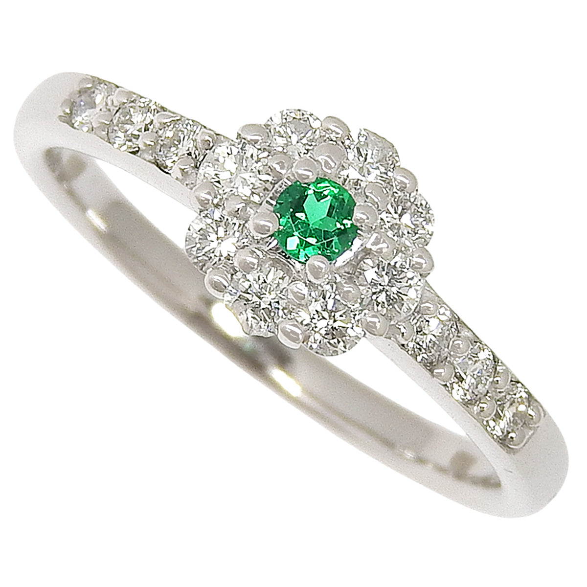 Emerald and Diamond Flower Ring, E0.05/D0.33, 18K White Gold (K18WG)