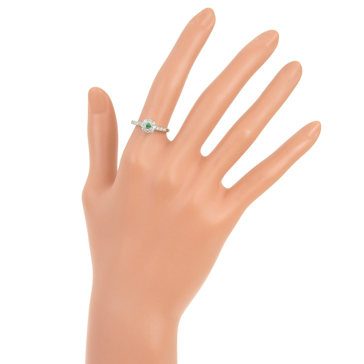 Emerald and Diamond Flower Ring, E0.05/D0.33, 18K White Gold (K18WG)