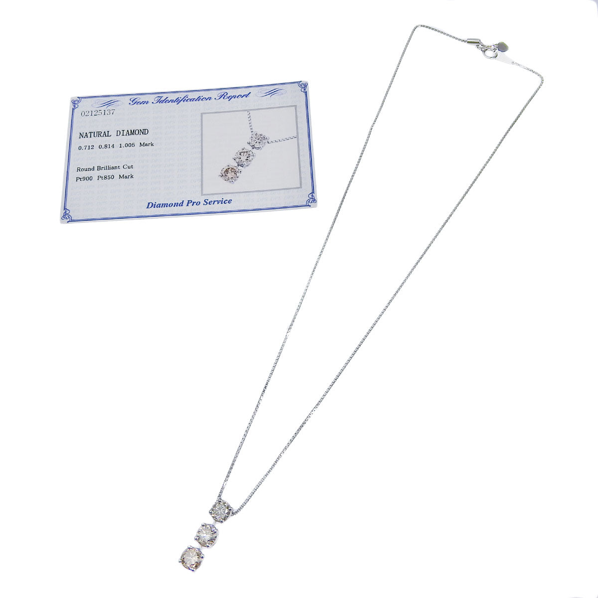 Three-diamond necklace, D0.713, 0.814, 1.005 carats, Pt850 platinum, Pt900 platinum, 3PD