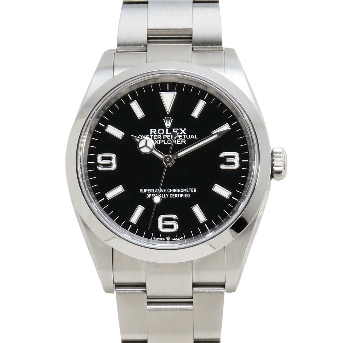 124270 Explorer 1 SS, random serial number, automatic winding, black dial.