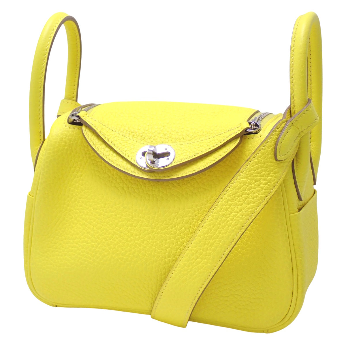 Lindy Mini Taurillon Clemence 钯金皮革包，配青柠色 U 形印记