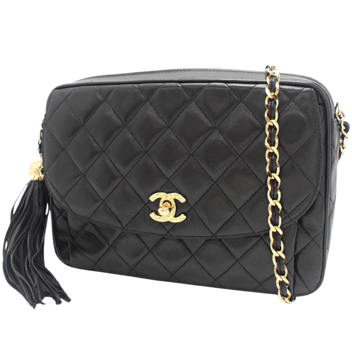 黑色羊皮绗缝 Coco Mark 流苏链条单肩包