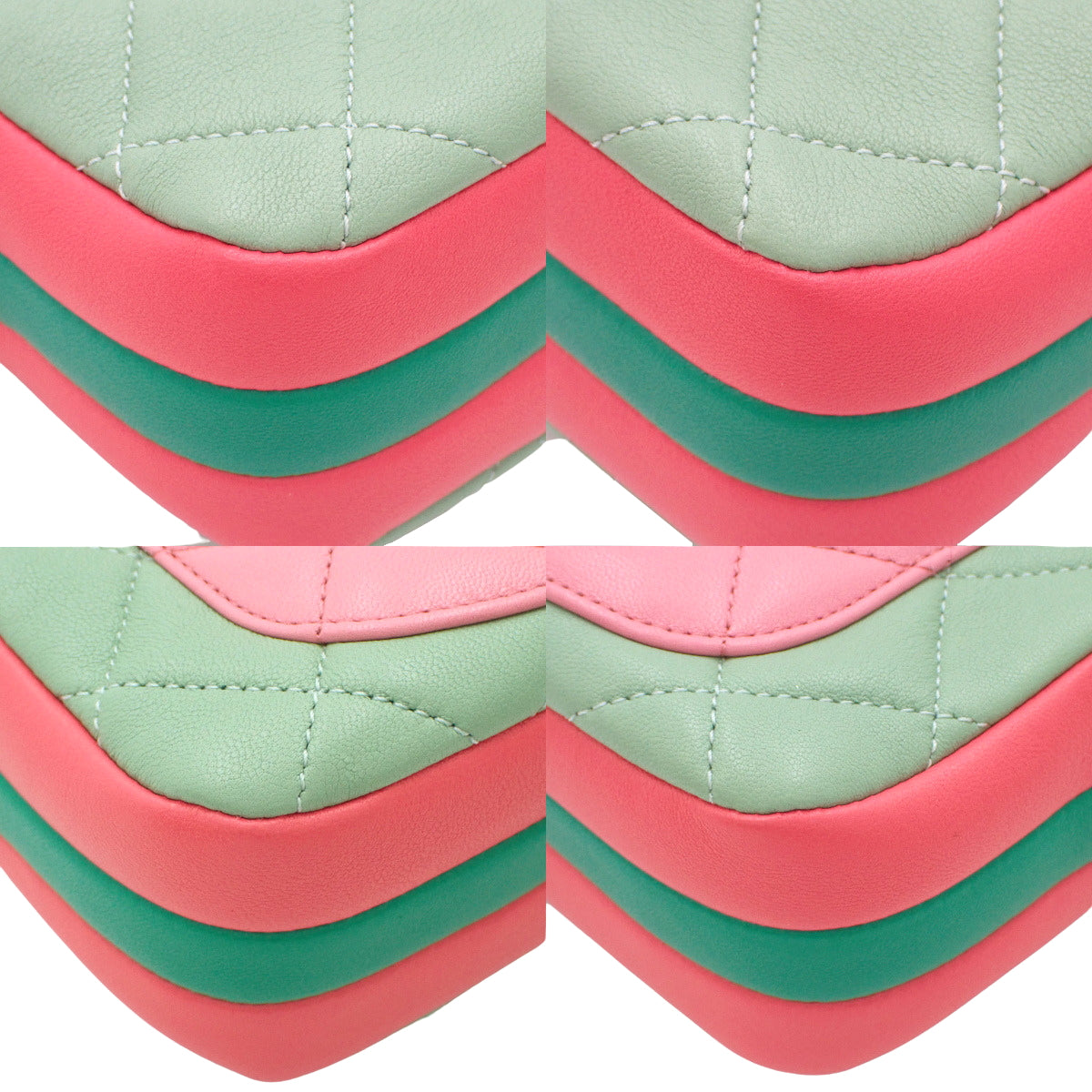 香奈儿（Chanel）Matelasse菱格纹相机包，羊皮材质，粉色/绿色。