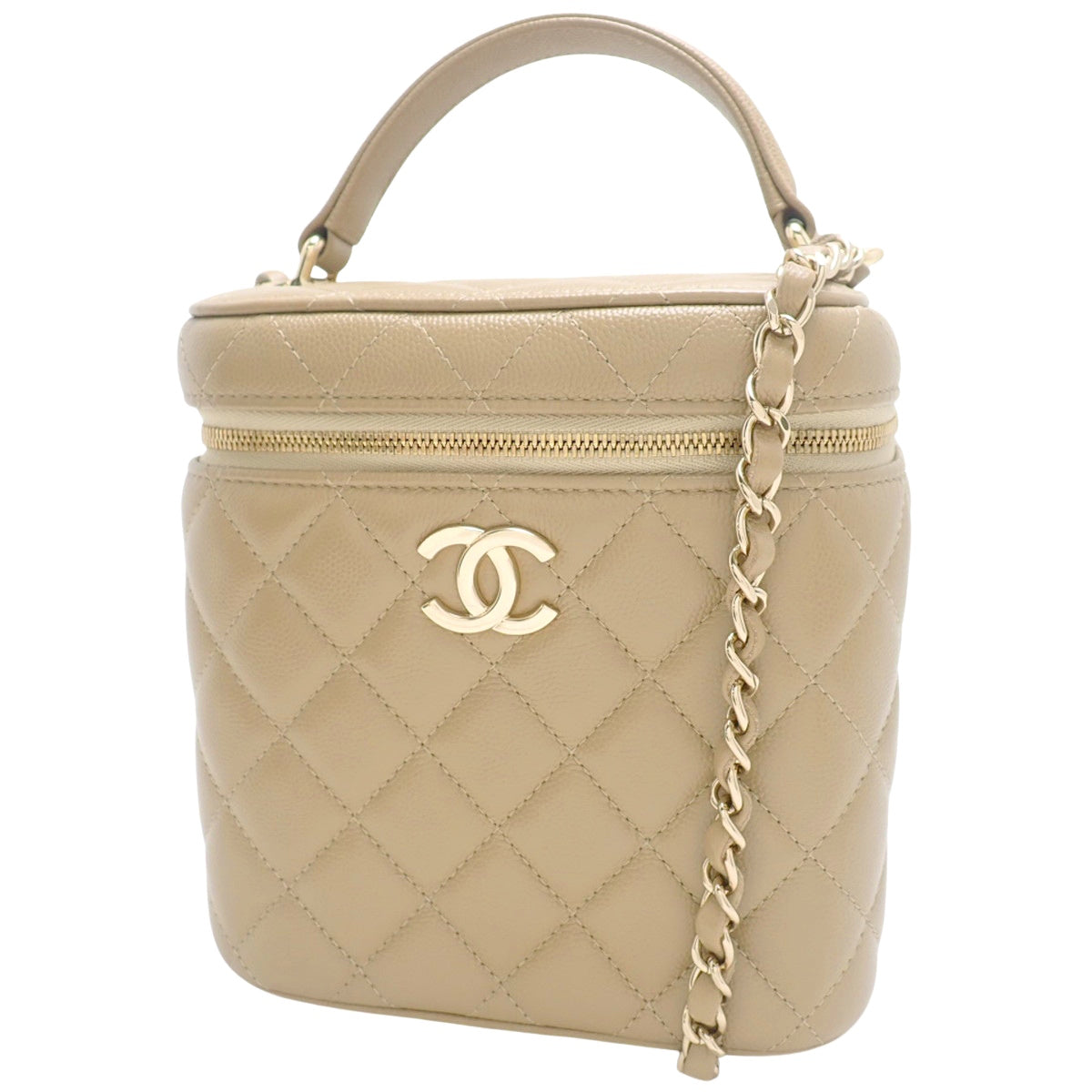 Matelasse Vanity链条单肩包，鱼子酱纹皮革，米色，AS2362