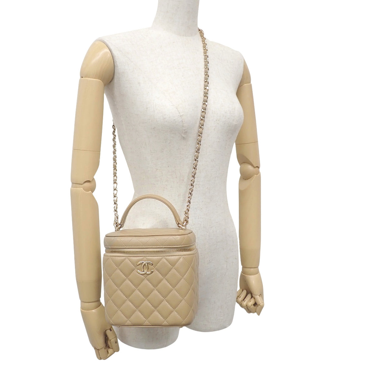 Matelasse Vanity链条单肩包，鱼子酱纹皮革，米色，AS2362