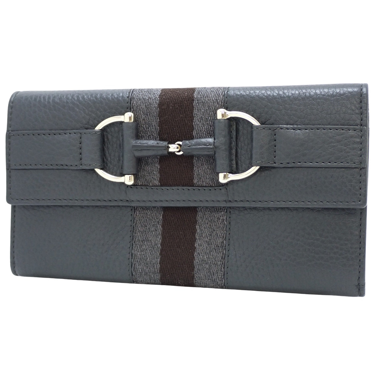 马衔扣双折长钱包，皮革，灰色和棕色，245752