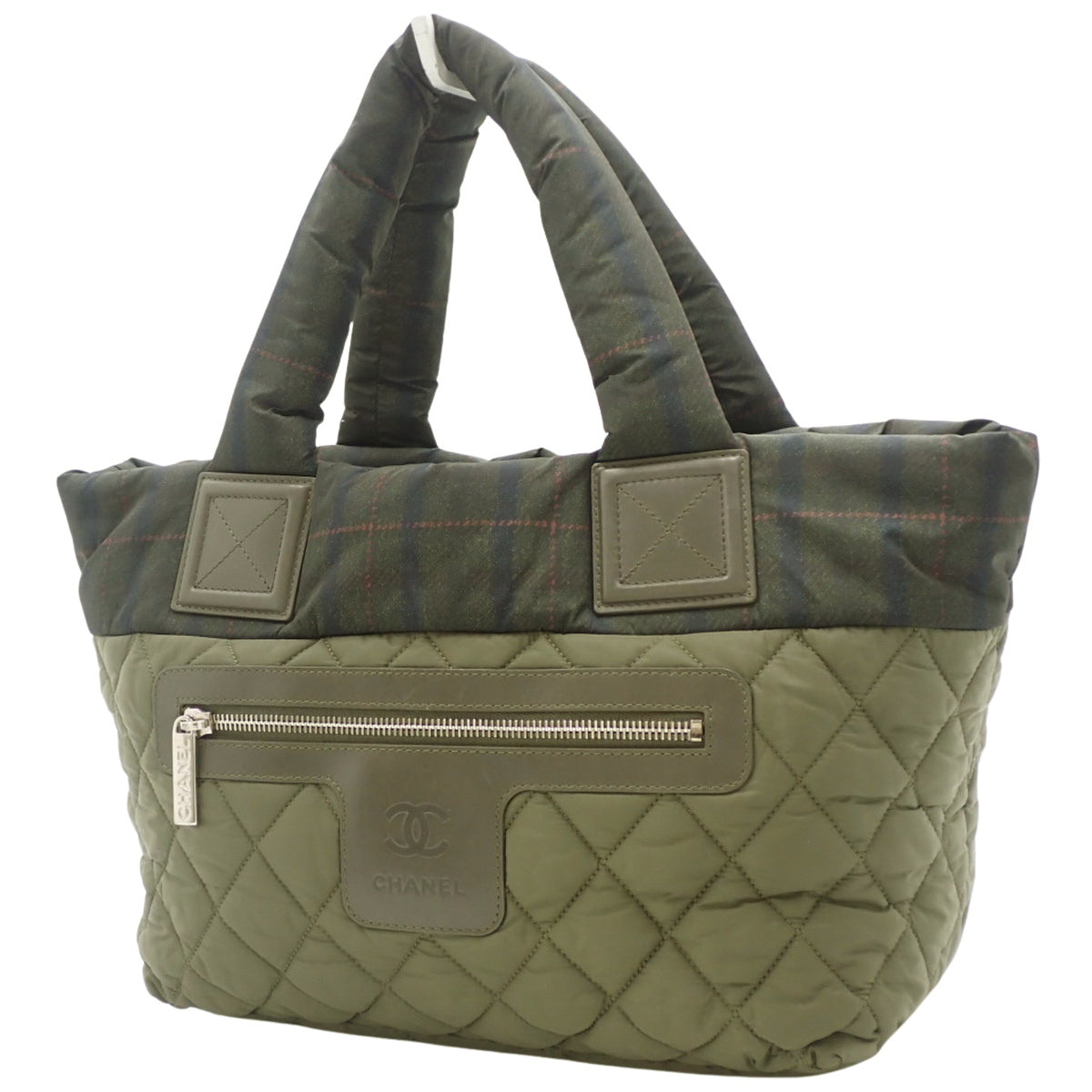 Cocoon Tote Bag, Nylon, Khaki/Beige, A48611, Check Pattern