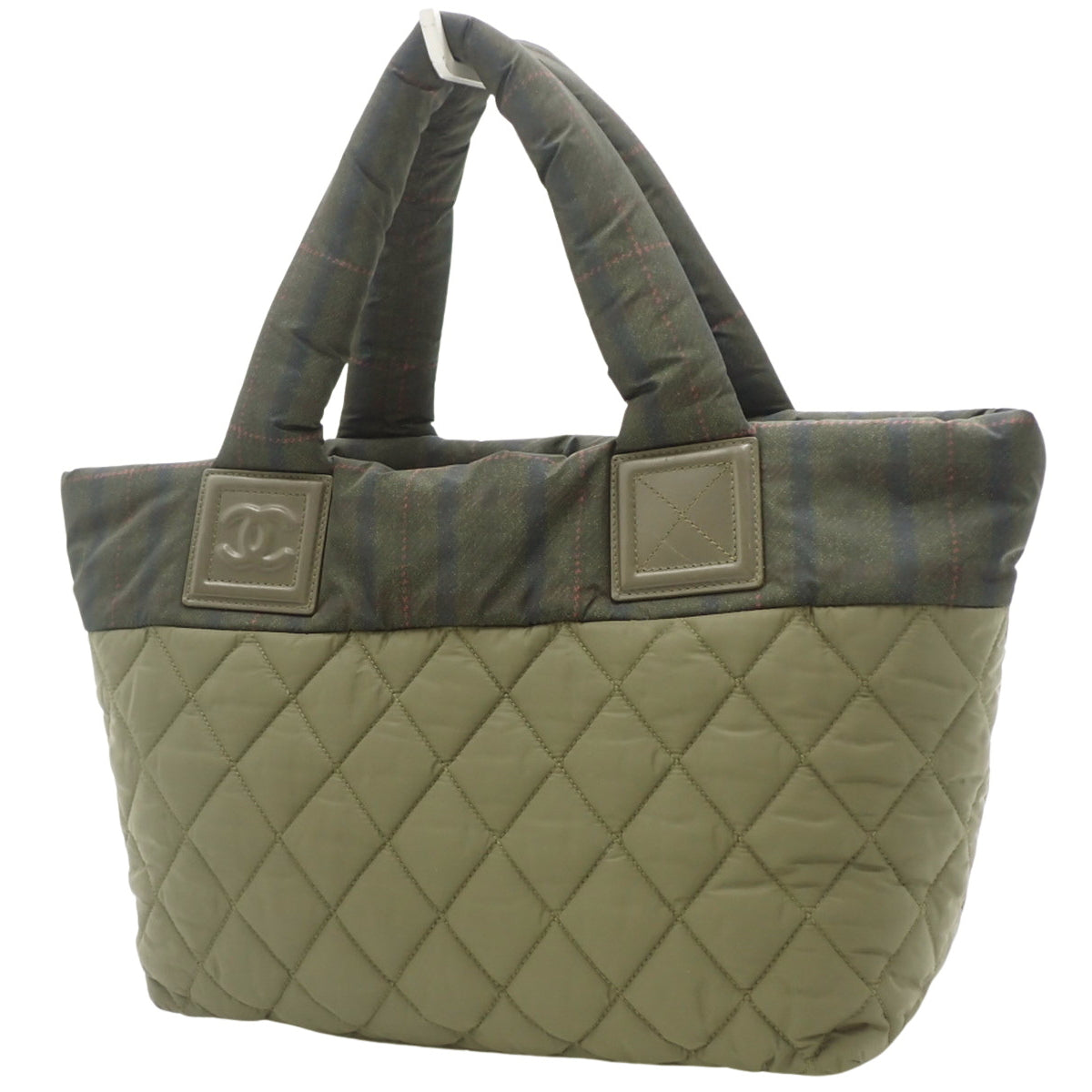 Cocoon Tote Bag, Nylon, Khaki/Beige, A48611, Check Pattern