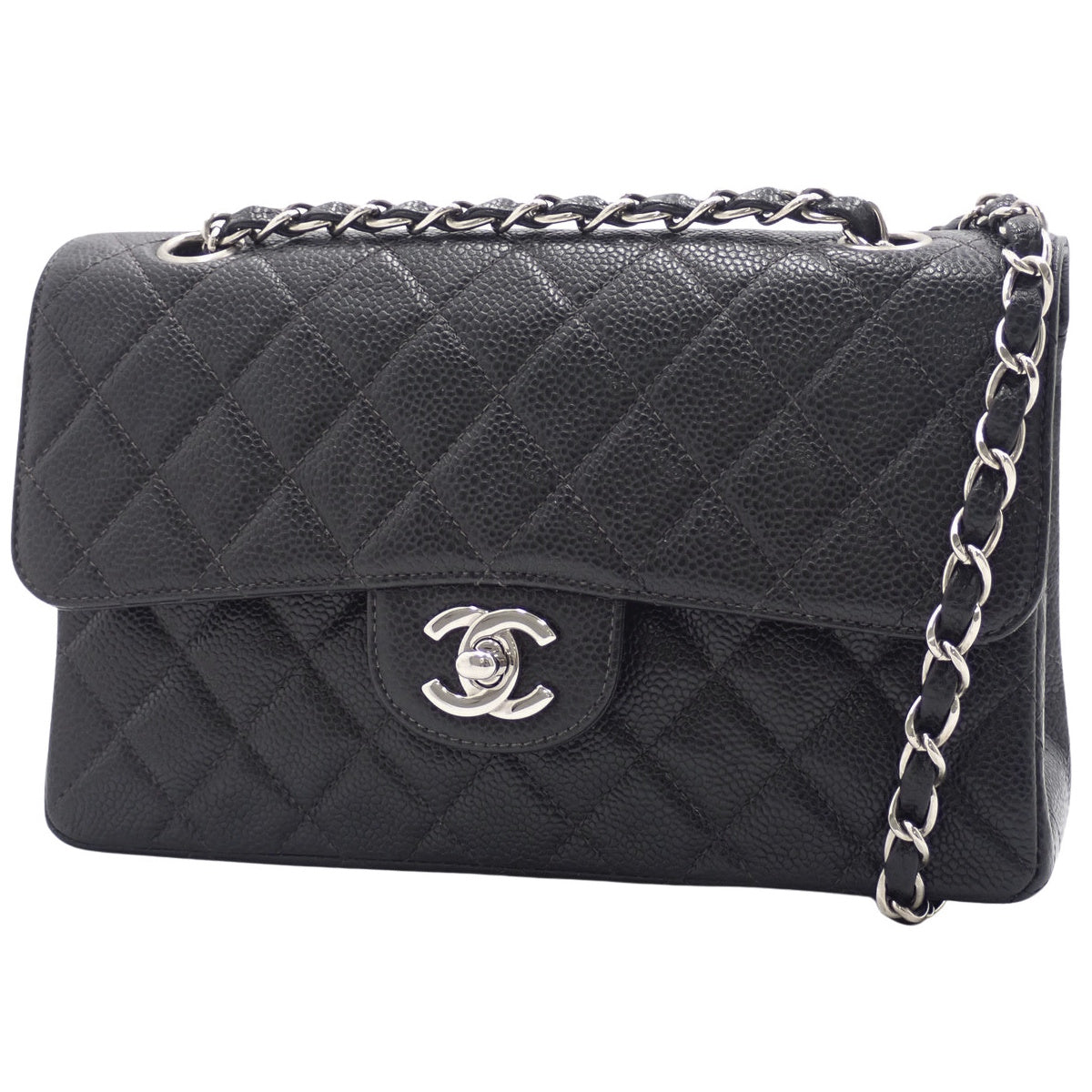 Matelasse Coco标志双层翻盖链条单肩包，鱼子酱纹皮革，黑色