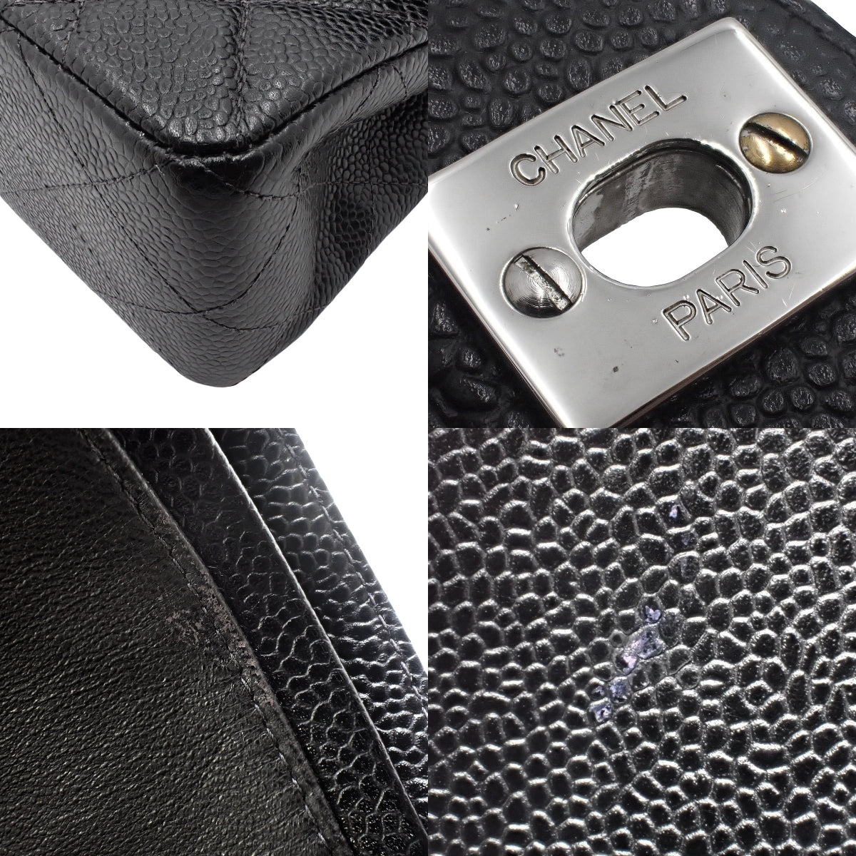 Matelasse Coco标志双层翻盖链条单肩包，鱼子酱纹皮革，黑色