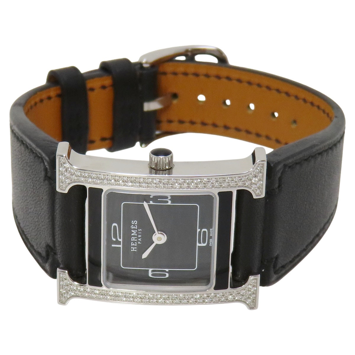 H Watch HH1.231 不锈钢/皮革表带 黑色钻石表圈 石英表