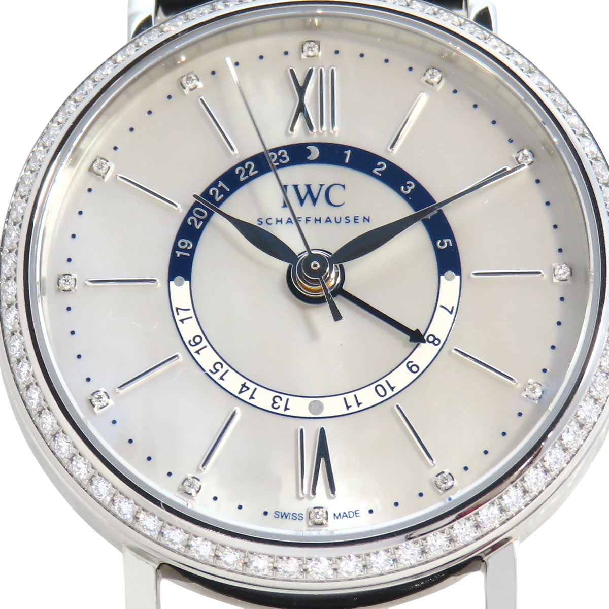 Portofino 中号日夜显示表圈镶钻 IW459101 不锈钢/皮革表带 白色表壳 表盘 12点镶钻刻度 自动男士腕表