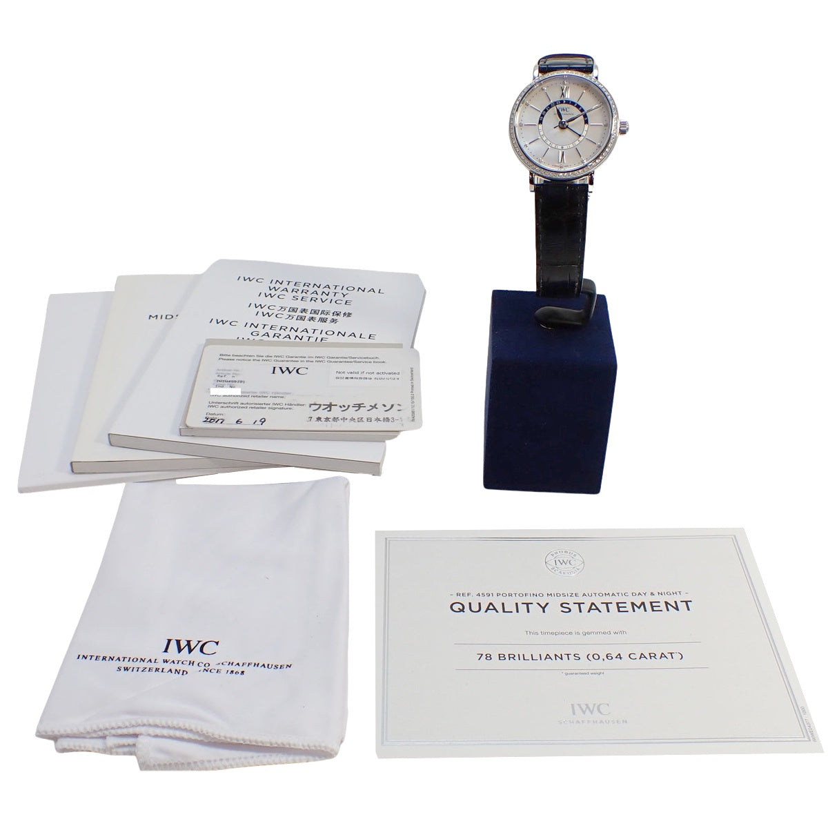 Portofino 中号日夜显示表圈镶钻 IW459101 不锈钢/皮革表带 白色表壳 表盘 12点镶钻刻度 自动男士腕表