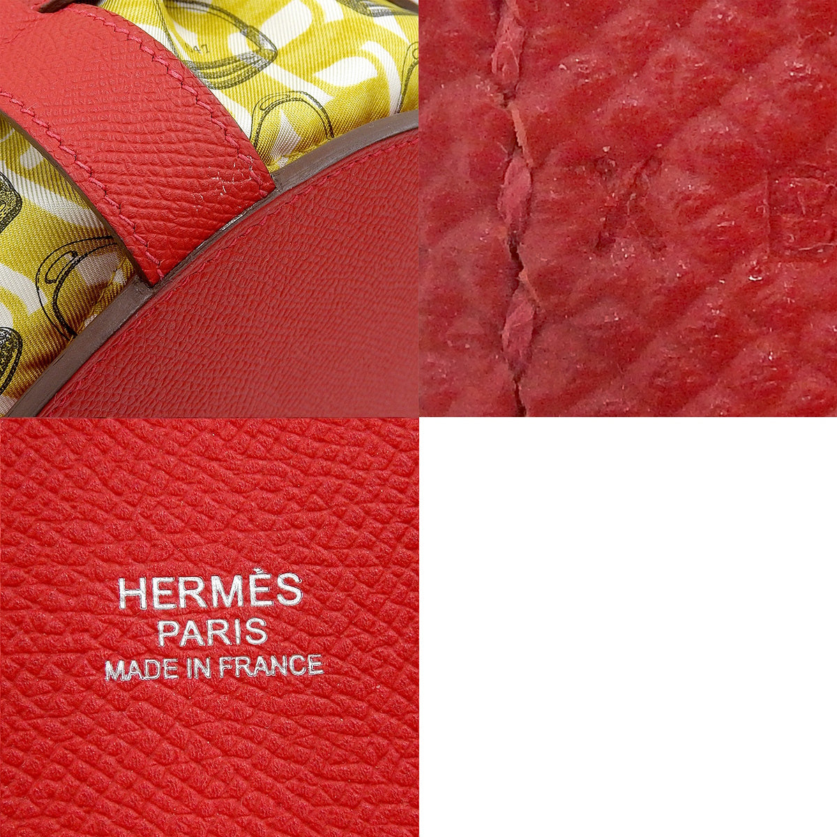Muzardine, Epsom calfskin, silk lining, palladium hardware, Rouge Caisse (red), silver hardware, X stamp.