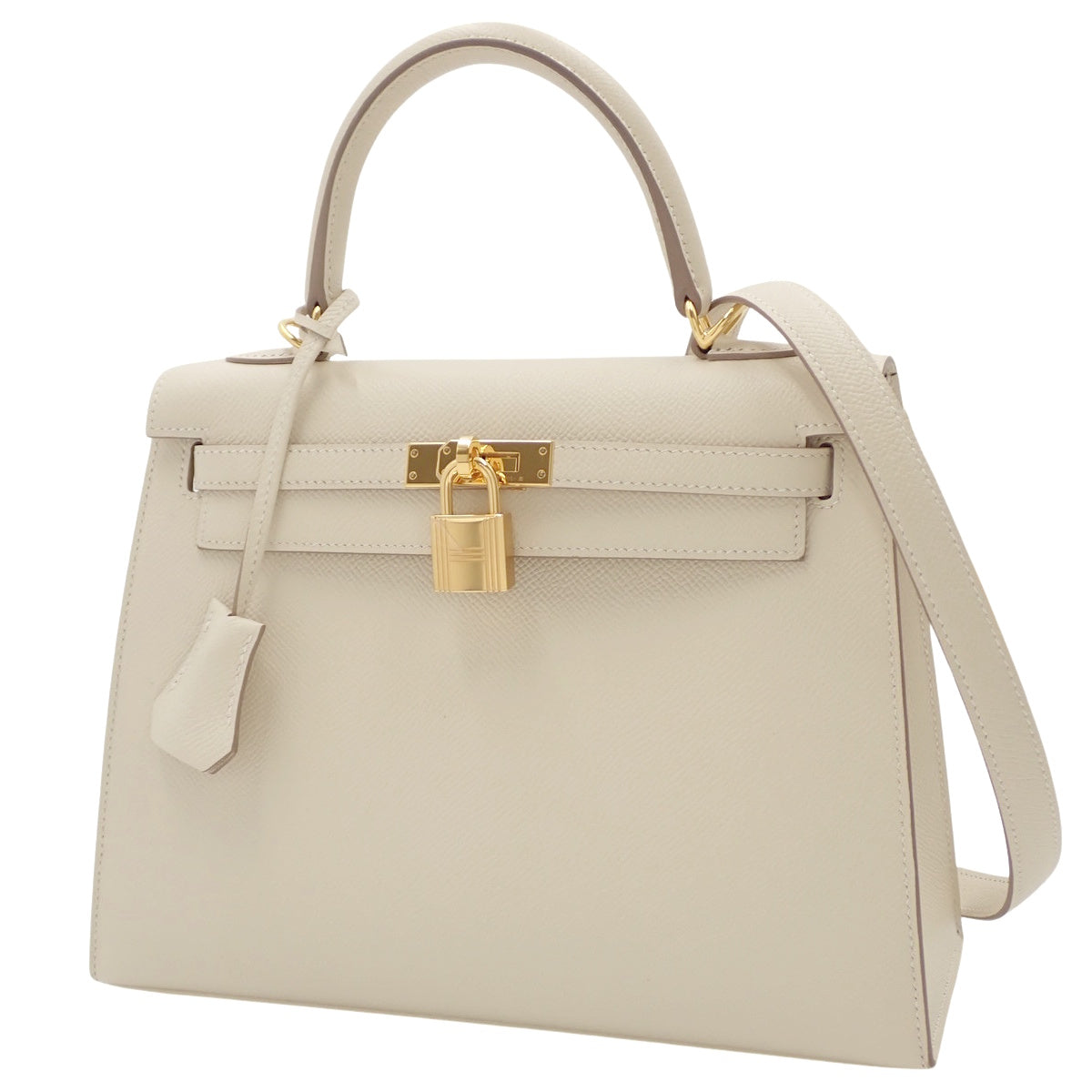 Kelly 25 (Exterior Stitched) Epsom Calfskin Leather, Cream, Gold Hardware, Y Stamp