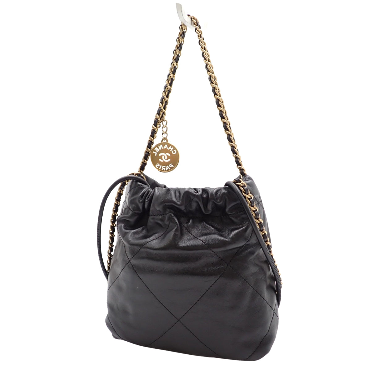 香奈儿22迷你手提包，Matelasse系列，亮面小牛皮，黑色，AS3980