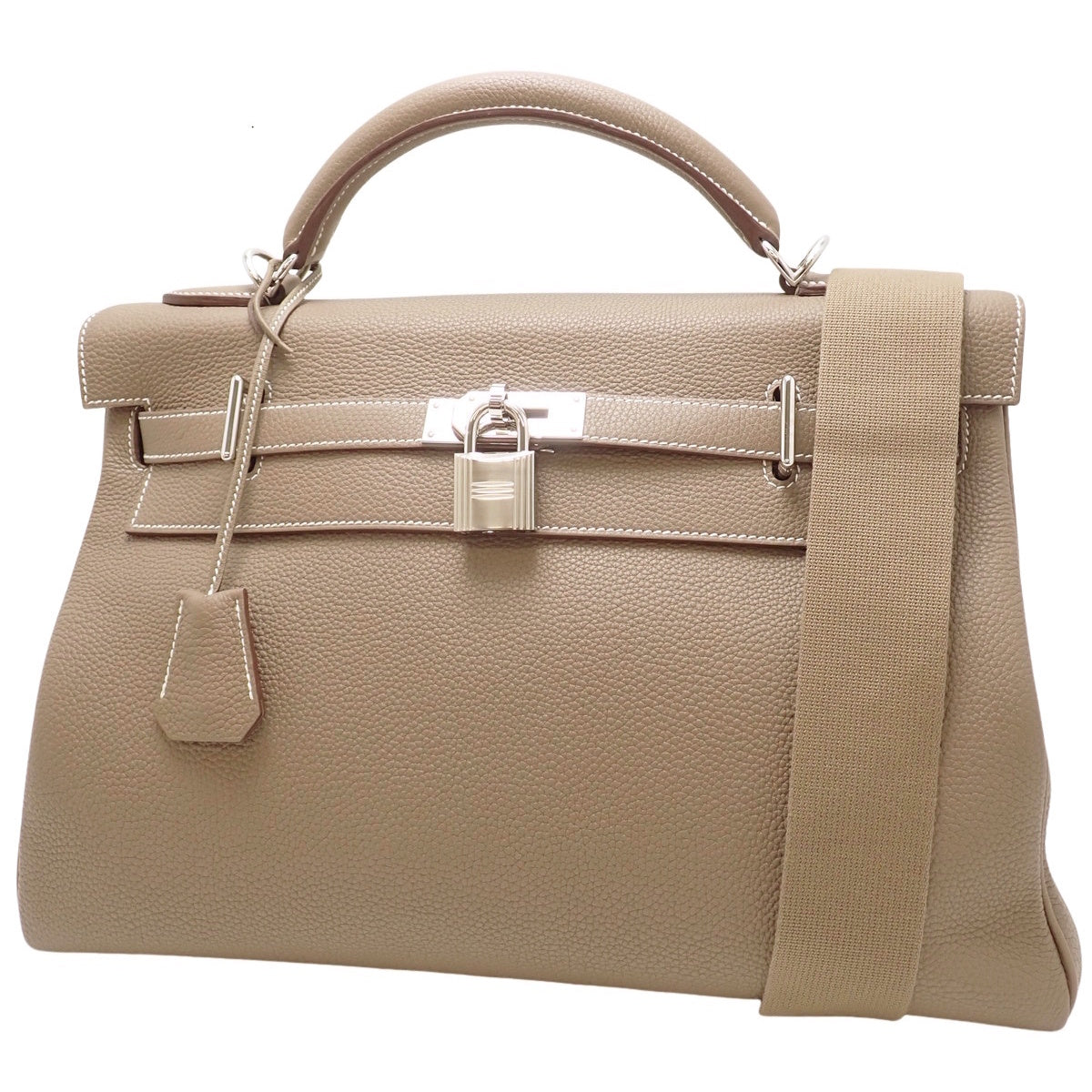Maxi Kelly 42, Togo leather, palladium hardware, taupe/greyish-taupe, silver hardware, W stamp.