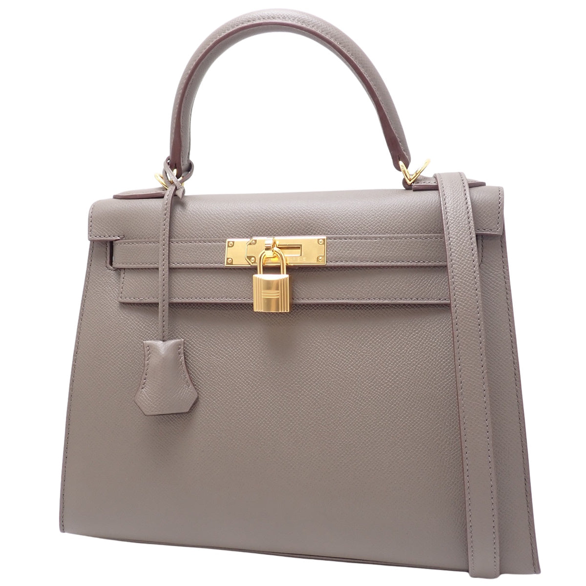Kelly 28 (exterior stitching), Epsom calfskin, Etoupe (color), gold hardware, Z stamp.
