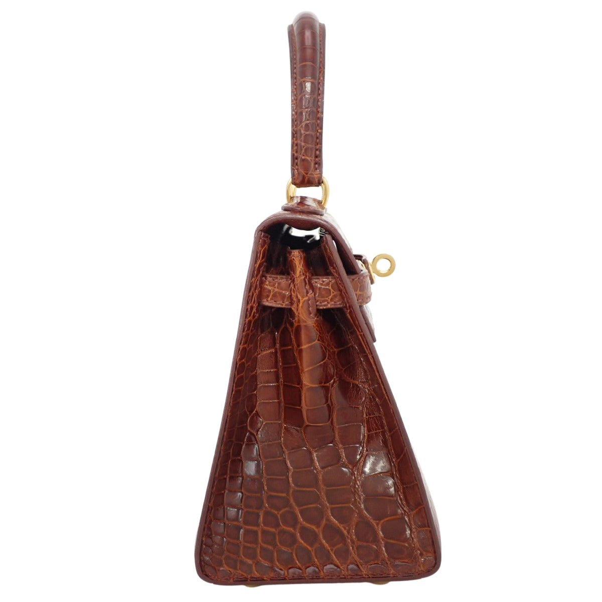 迷你凯莉包，鳄鱼皮/短吻鳄皮，金色五金配件，D字印记