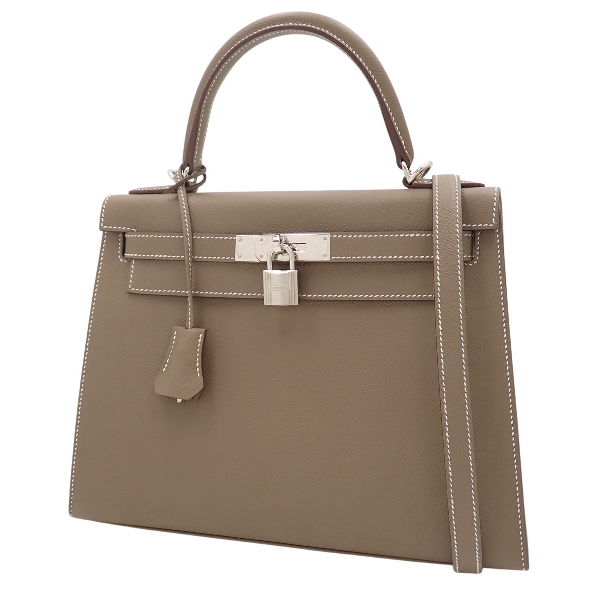 Kelly 28 (exterior stitching), Epsom calfskin, palladium hardware, Etoupe/Etoupe, silver hardware, B stamp.