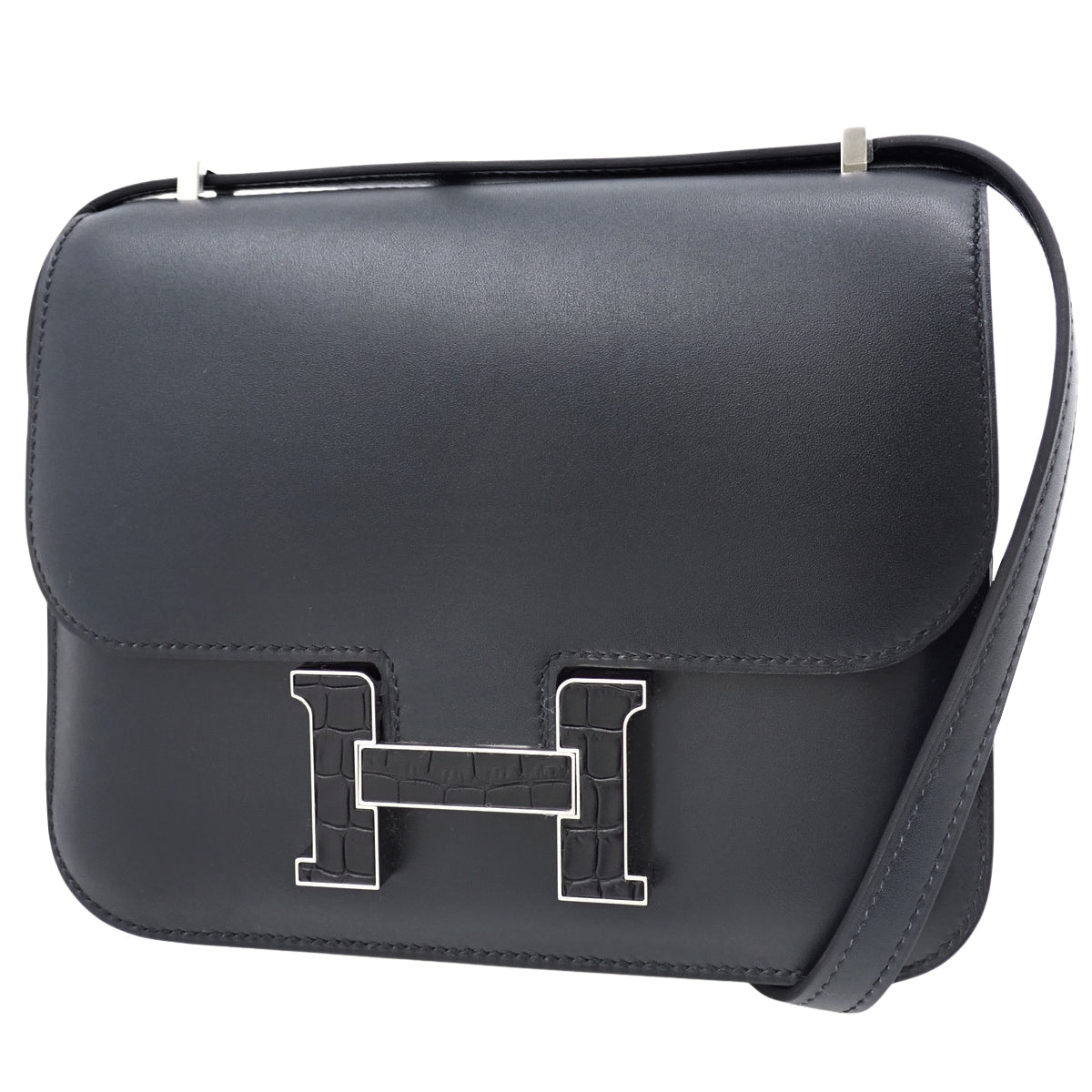 【新品】Constance Mini Touch K Stamp，Tadelakt鳄鱼皮/短吻鳄皮，钯金配件，黑色/卡巴内色，银色配件