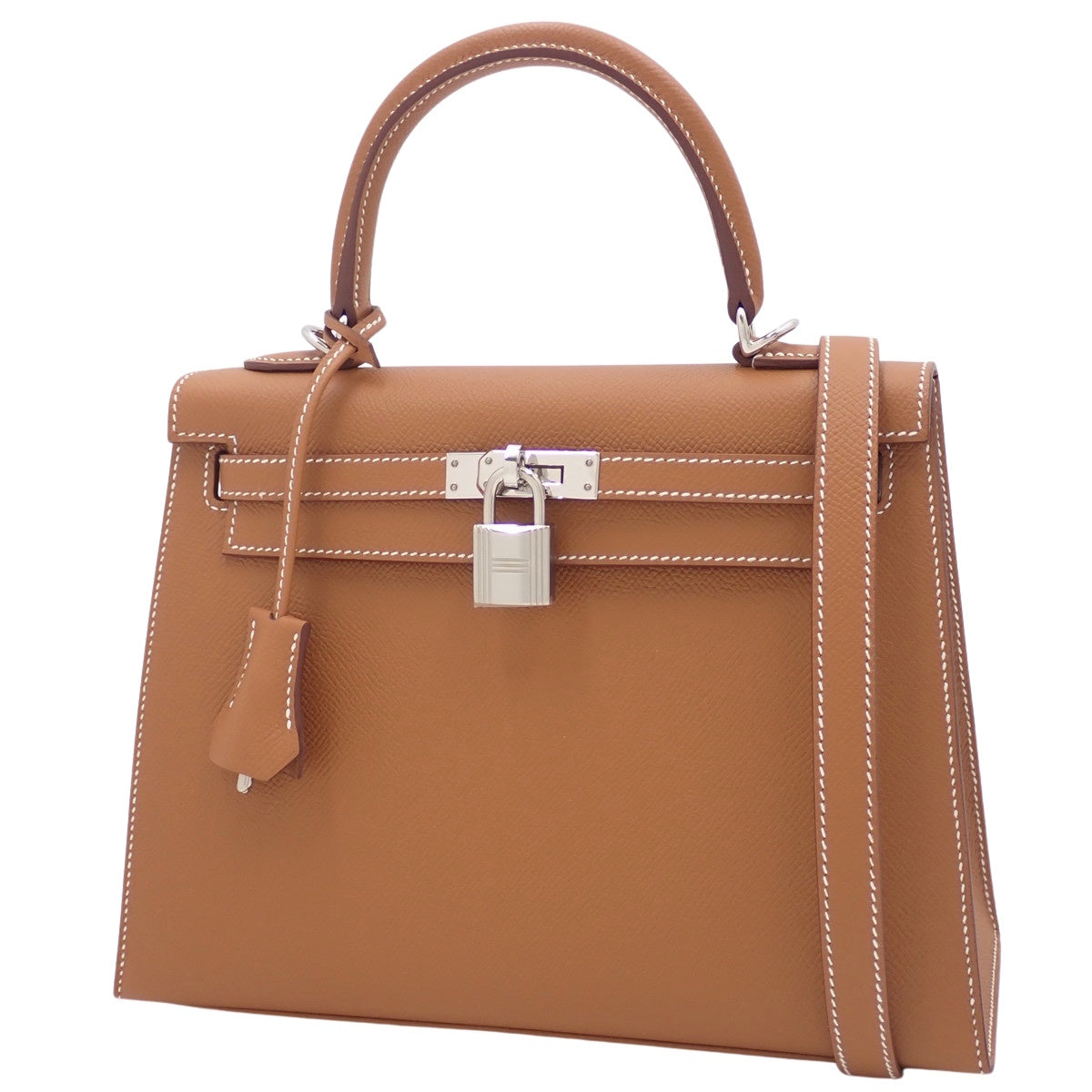Kelly 25 (exterior stitching), Epsom calfskin, palladium hardware, gold or silver hardware, B stamp.