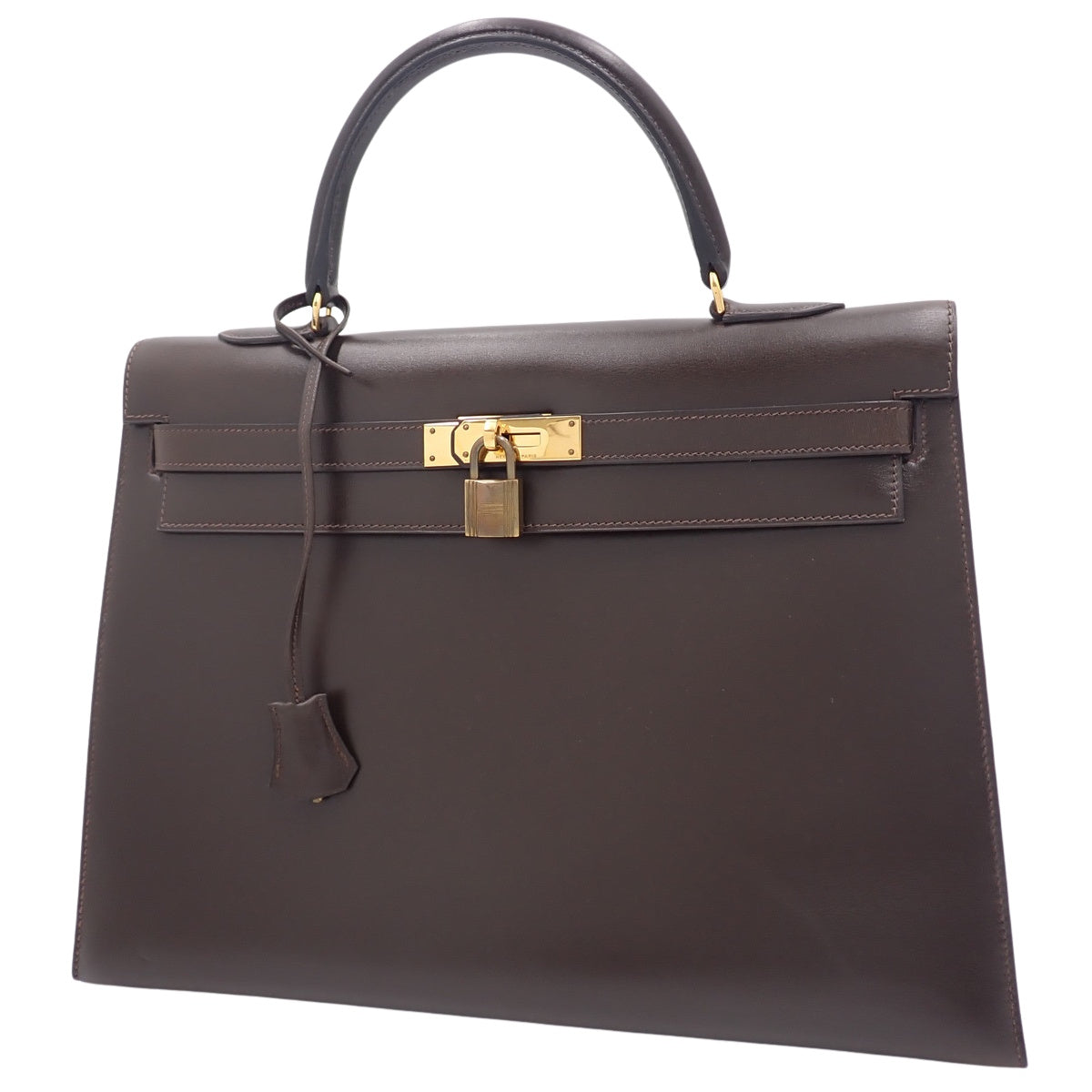 Kelly 35 (Exterior Stitched) Box Calfskin, Marron Foncé (Dark Brown), Gold Hardware, 〇I Stamp