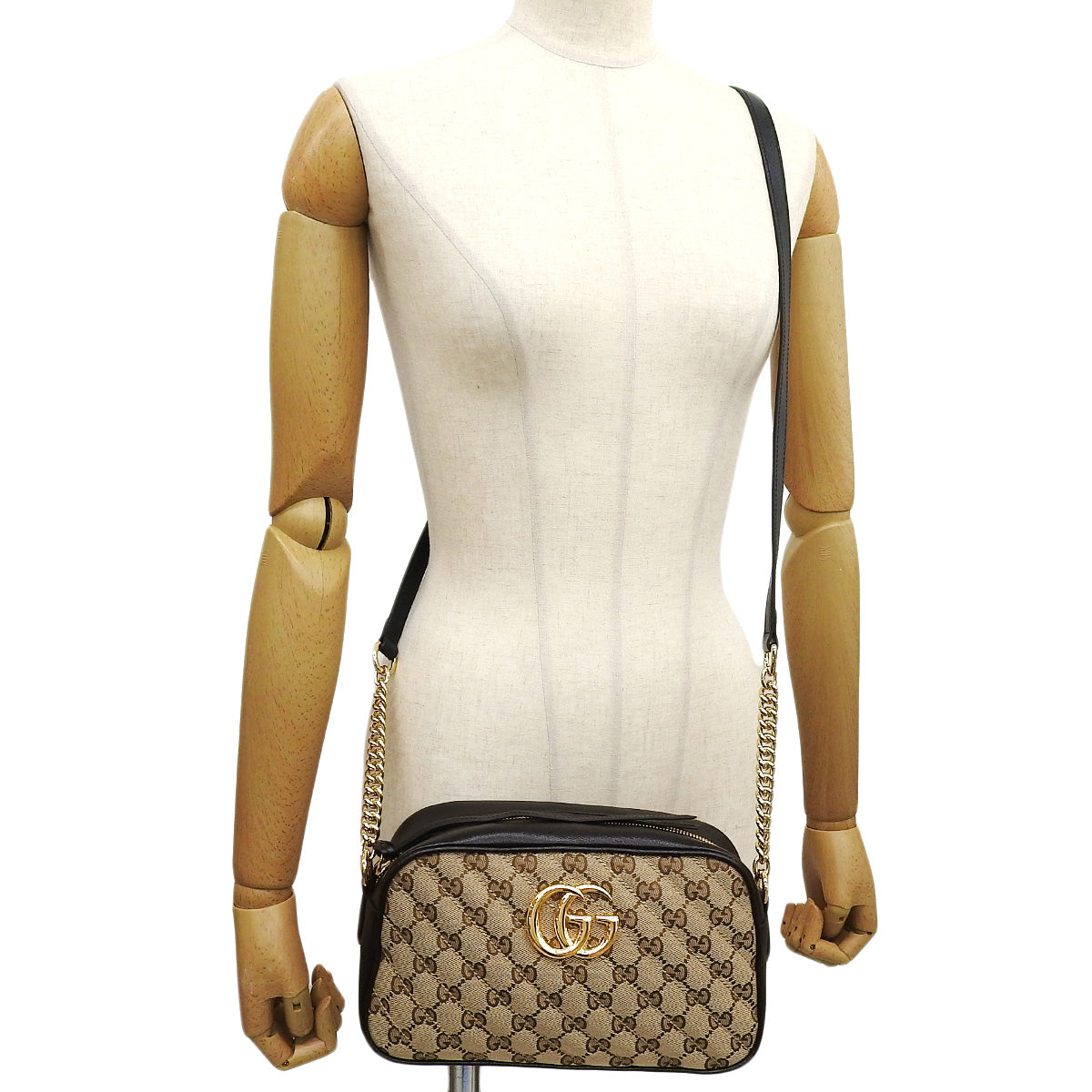 GG Marmont Small Camera Bag in Beige and Black GG Canvas (447632)